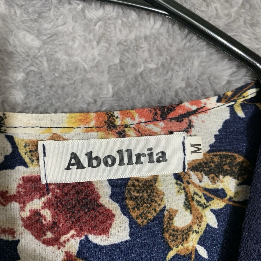 Abollria Floral Kimono Cardigan Womens MediumNavy Blue 3/4 Sleeve OpenFront Boho - Picture 2 of 7
